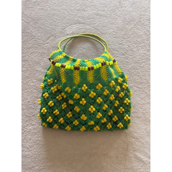 Handmade Macrame Beaded Tote Bag Unique Design Green Yellow - Picture 2 of 6